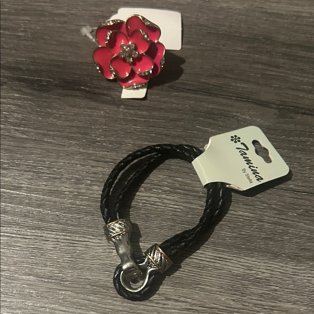 Torrid Pink Floral Ring and Black Braided Bracelet Set